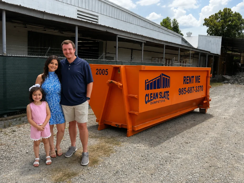 Clean Slate Dumpsters roll-off truck delivering a dumpster